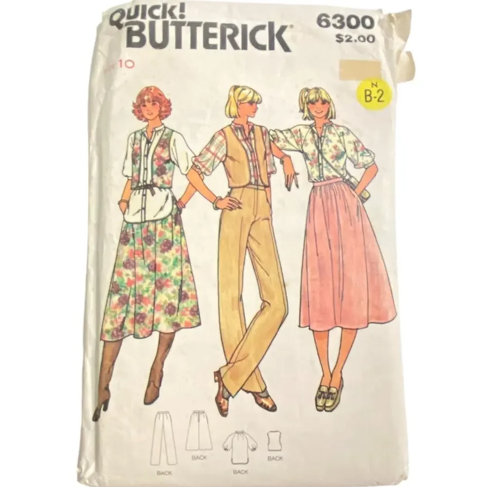 Vintage Top Vest Skirt Pant Pattern Miss 10 Butterick 6300 Long Side Pockets 70s